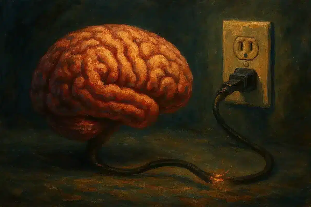 A brain plugged into a wall. Death of Imagination